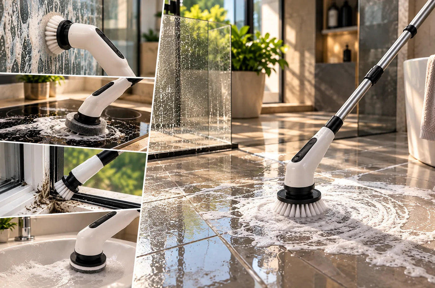 CLEVO cleaning shower tiles, a stovetop, a window track and a basin, and on its extension pole scrubbing a tiled bathroom floor