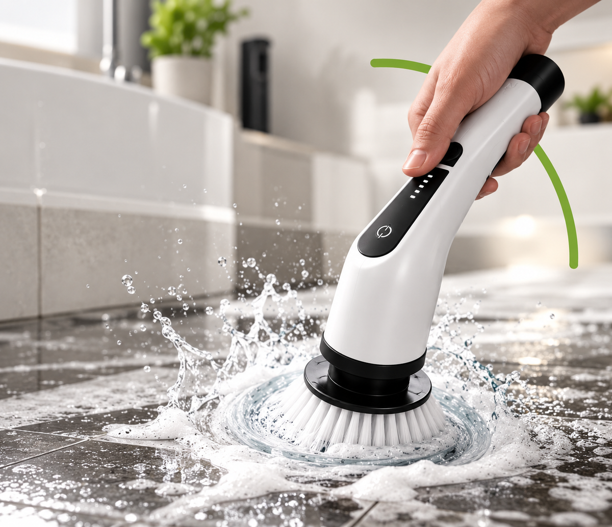 The CLEVO cordless cleaning brush held in one hand, its head spinning through water