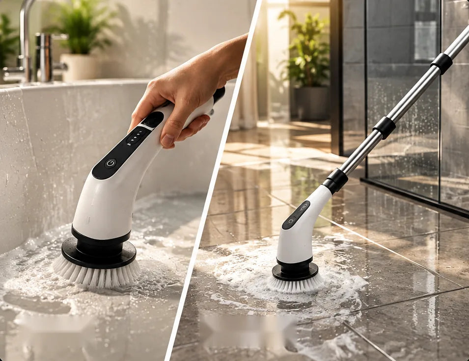CLEVO used two ways: handheld on a bathtub, and on its extension pole scrubbing a tiled floor
