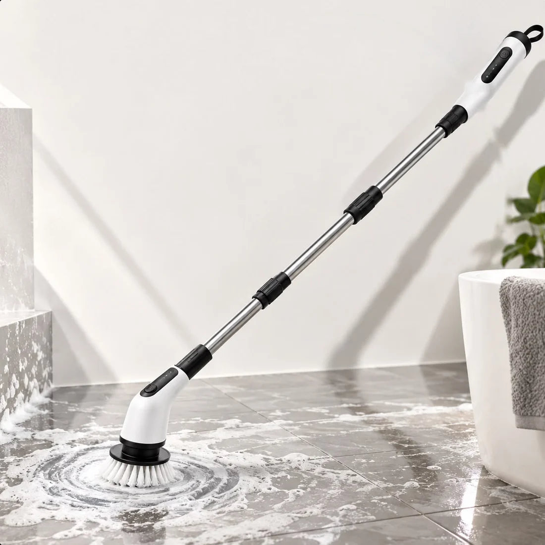 CLEVO 9-in-1 Electric Cleaning Brush on its extension pole, scrubbing a tiled bathroom floor