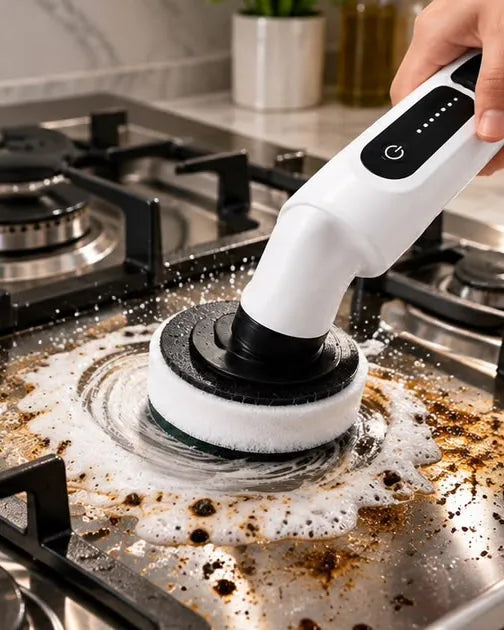 CLEVO's spinning pad working through grease on a stovetop