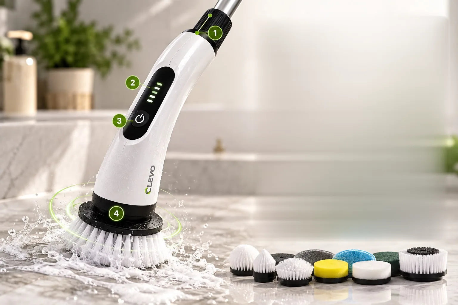 The CLEVO handle up close, with numbered markers on the pole connection, battery indicator, power button and brush head